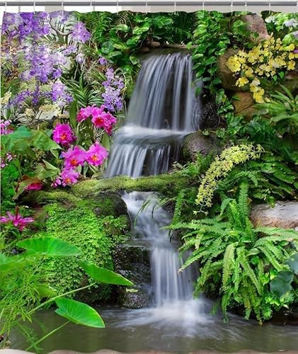 Garden Waterfall Shower Curtain Full of Moss Flower Stone Steps Nature Landscape Shower Curtains for Bathroom Waterproof Fabric Scenic Bath Curtain with Hooks 120x180cm