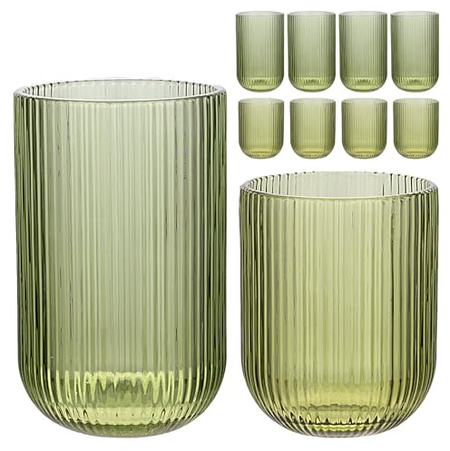 WeirdUncle Set of 8 Ribbed Glassware,4 Highball Glasses 14oz & 4 Rocks Drinking Glasses 9oz, Green, Origami Style, Fluted Design, for Milk, Water, Cocktail, Juice, Beer, ToothBrush Cup, Gift