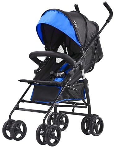 VEVOR Leichter Kinderwagen, kompakt, einfach zusammenklappbar, mit verstellbarer Rückenlehne, Rahmen aus Karbonstahl, großer Aufbewahrungskorb, Kinderwagen mit Schirm für Reisen und mehr, Schwarz/Blau