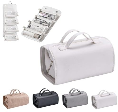 nnOuOnn Flat Lay Travel Makeup Bag, Leather Clear with Compartments, 4 in 1 Waterproof, Detachable Foldable Hanging, Portable Storage Organise Roll Up Makeup Organiser Bags (White)