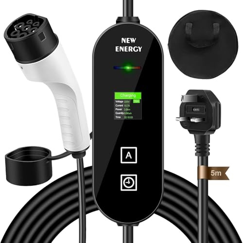 EV Charger Cable Type 2 to 3 Pin Plug, 5-Meter 3 Pin EV AC Charger, 3.5kW Electric Car Charger 8/10/13/16A, EV Car Charger with LED Display, IP65 Waterproof, Type 2 EVs and PHEV