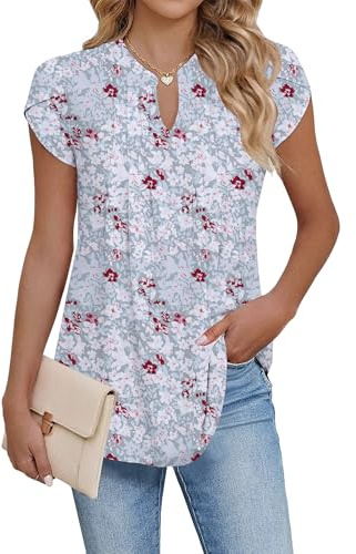 Cuptacc Tunique Femme Ete Col en V Blouse Gris Rose Floral XL 46-48