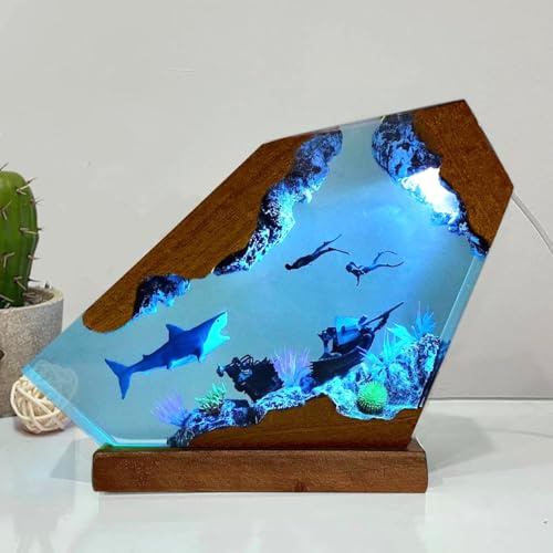 Shark Ocean Resin Lamp, Handmade Resin Night Light for Home Office Decor, Multi-Color LED Light with USB Port, Shark Gifts for Women & Men, Birthday Holiday Marine Biology Gifts for Kids (6x4)