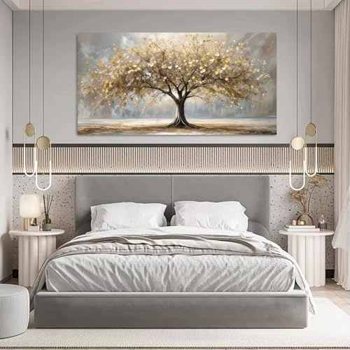 NXMYDBD Quadro su tela Albero della vita con foglie dorate, stampa di paesaggi autunnali, oro e beige, quadro per la casa, 70x140cm (28x55 pollici), senza cornice