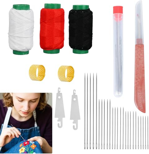 34pcs Big Eye Steel Sewing Needles Kit, Includes Needle Case Seam Ripper Needle Threaders Thimble & Thread Stainless Steel Hand Sewing Supplies for Beginners & Professionals