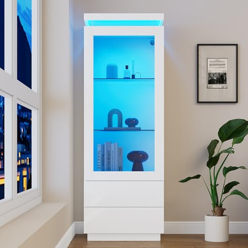 Kelodan Vetrina 60 x 40 x 171 cm, Mobile alto con 2 cassetti, vetrina in vetro lucido con LED, scaffalatura, armadio da soggiorno con ante in vetro e porta pieghevole, bianco