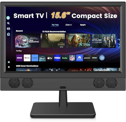 Feihe 15.6 Inch Small Smart TV - Full HD 1080p Compact Flat Screen Smart Television with Wi/Fi, Bluetooth, Voice Remote for Kitchen, Bedroom, RV