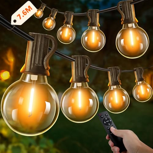 Kangtaixin Catena Luminosa Esterno 7.6M, Catena Luci Stringa Esterno con 12+2 G40 LED Lampadine, IP44, Dimmerabile, Luci Luminosa Esterno per Terrazzo, Matrimonio, Gazebo, Patio, Bar (Bianco Caldo)