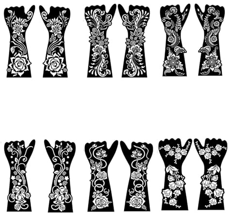 Tillfällig henna tatuering stenciler kit 6 stycken henna tatuering stenciler set hand indisk arabisk tatuering klistermärken för kvinnor flickor tonåringar för ansikte finger party kropp konst