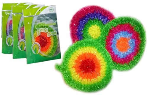 Cute Crochet Scrubbies Non Scratch Scouring Pad Reusable Sponge Scrubber Handmade Knitted Dishcloths Net Kitchen Cleaning Scrub Pads for Washing Dishes Pots Pans 3 Pack