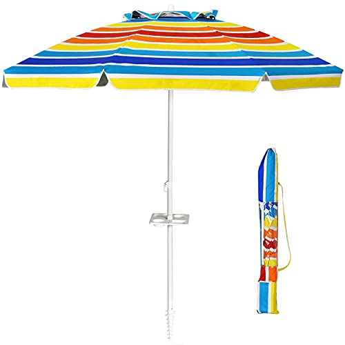 GIANTEX Sombrilla de Playa Grande 220 cm, Protección Solar UV50+, Sombrilla Inclinable con Bolsa de Transporte, Portavasos y Ancla, Parasol para Jardín, Terraza, Mercado (Multicolor)