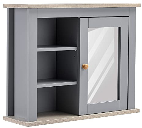 kleankin Bathroom Wall Mirror Cabinet, Cupboard with Door, Storage Cabinet with Adjustable Shelf for Corridors Living Rooms, Grey