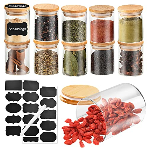 Kleemeiero 10 stück Gewürzgläser Set 200ML Vorratsdosen Glas Set Holzdeckel aus Bambus Gewürzgläser Gewürzdosen Glas Gewürzstreuer Spice Jars, 2 Klebeetiketten & Kreidestift für Gewürze, Kräuter