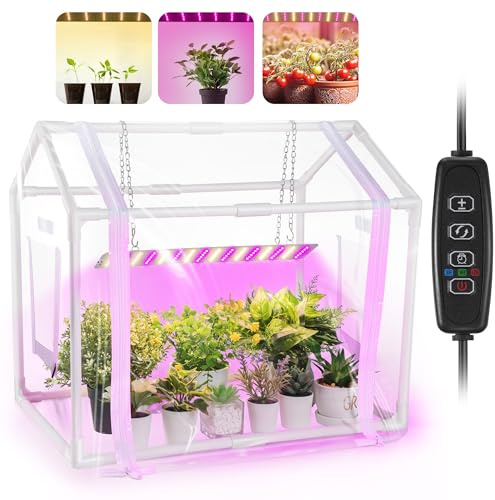 Meonum Mini Greenhouse for Indoor Outdoor, Portable Green House with 15W Plant Dimmable LED Grow Lights, Timer, 3 Light Color Mode for Indoor Outdoor Seed Starter Tray(23.6x15.7x19.6)