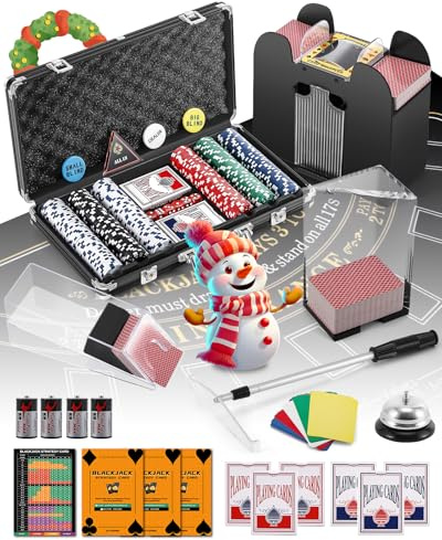 Proshine Blackjack Set Blackjack Game Combo Set: Card Shuffler, 300pcs Poker Chips, Casino Felt, Card Shoe, Chip Rake, Discard Tray, Playing Cards*8, Bell, Dice, Cut Cards, Dealer Buttons