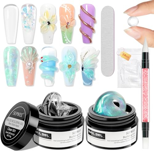 SUPWEE Solido Builder Gel per unghie – Multifunzionale Non-Sticky Solido Gel Rigido, Trasparente Aurorag, Scultura Gel Nail Art Extension Unghie Carved Goffratura Dura