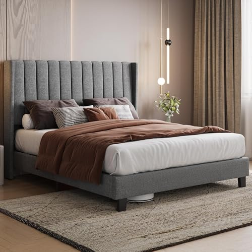Yaheetech Cama tapizada con Cabecero Acolchado 160x200cm Color Gris Claro | Cama Matrimonio Cabecero a Rayas con Alas Láminas de Madera y Metal 360 kg de Capacidad de Peso Fácil Montaje