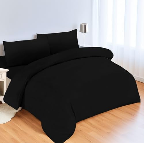 DH DREAMER HOME Juego de Funda Nordica de 4 Piezas para Cama 180 de Microfibra Suave - Funda Nórdica 240x260cm, Bajera Ajustable 180x200+25cm y con 2 Funda de Almohada 45x100cm - Negro