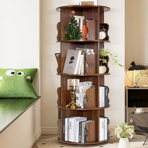 Bois Bibliothèque Rotative à 360 degrés, 5 Niveaux Bibliotheque Rotative étagère de Rangement, 128x46x30cm avec Déflecteur Bibliothèque Pivotante, Bibliotheque Tournante pour Enfants et Adultes