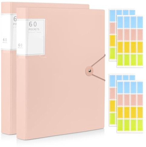 2 Pcs A4 Folder with Plastic Sleeves, 120 Pockets Display Folders with Safety Rope, A4 Presentation Certificate Documents Display Book for School Office Business (Peach Pink)