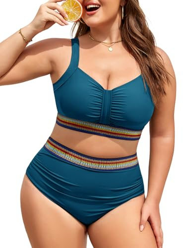 FemiChic Maillot de Bain Femme 2 Pièces Grande Taille Gainant Taille Haute Bikini Push Up à Rembourré Réglables Design Croisé avec Bas Ruché et Soutien Ventre Plat(Vert Malachite,XL)