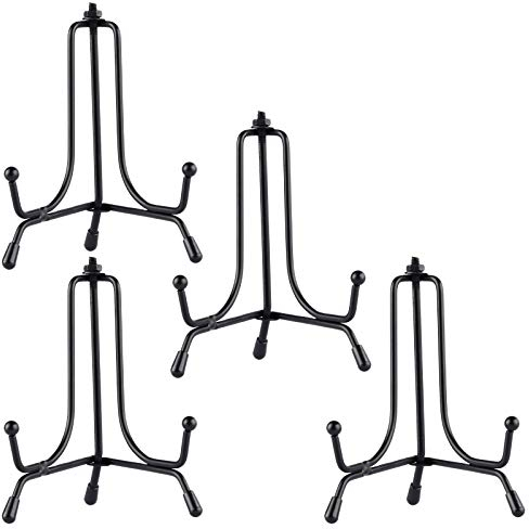 Mocoosy 4 Pack Improved Anti-Slip Plate Stands for Display, 4 Inch Plate Holder Display Stand, Picture Frame Holder Stand, Black Iron Easel Stands for Photo, Decorative Plate, Tablets and Tabletop Art