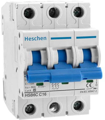 Heschen Leitungsschutzschalter HSB6C, 16 Ampere Strom, 3-polig, Typ C, 6 kA Ausschaltleistung, DIN-Schienenmontage