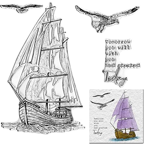 Sailboat Seagulls Background Clear Stamps for Card Making and Photo Album Decorations, Blessing Words Transparent Rubber Stamps Seal for DIY Scrapbooking Supplies