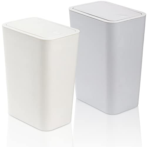 Fasmov Paquete de 2 contenedores de basura de plástico de 7.5 litros/2 galones con tapa superior a presión, cesta de basura para cocina, baño, sala de estar, oficina, lugar estrecho (blanco + azul)