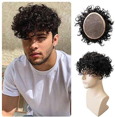 Lordhair Mens Weave 8 * 10 Base Unit Black Men 100% Human Hair 20mm Curly Mens Hair System for Men Fine Mono with 1 PU Coated Perimeter