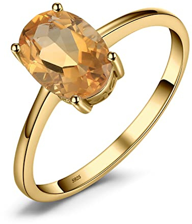 JewelryPalace Class Natural Gemstone Citrine Birthstone Solitaire Engagement Rings for Women, Anniversary 14k Yellow Gold Plated 925 Sterling Silver Promise Rings for Her, Jewellery Sets J