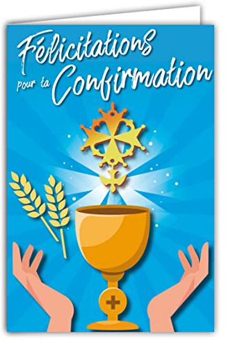 Tarjeta de felicitaciones por tu confirmación de paloma cruz hugonote protestante cena, copa de vino de trigo ilustración con sobre formato 12 x 17,5 cm, papel de 300 gr brillante fabricado en Francia