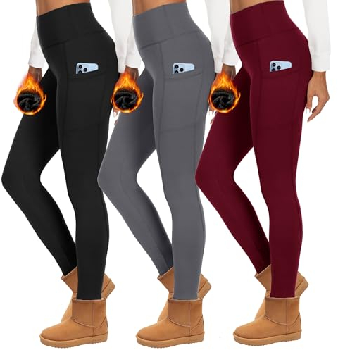 HIPOWER 3er Pack Thermoleggings Damen Mit Taschen Leggings Gefüttert Winter High Waist Fleece Warme Leggins Blickdicht Schwarz Sport Thermounterwäsche Laufhose Yogapants（A-Schwarz+Grau+Weinrot,L-XL