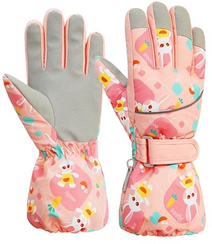 QKURT Kinder-Skihandschuhe, Winddichte Kleinkind-Thermohandschuhe, Winter-Skating-Fäustlinge, Vollfinger-Snowboard-Handschuhe, Kinder-Outdoor-Sporthandschuhe mit Cartoon-Muster für Mädchen und Jungen