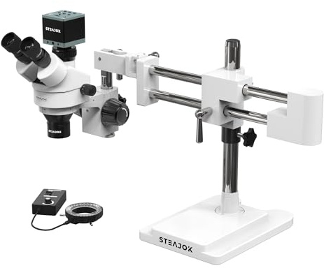 Professionelles Trinokular-Stereomikroskop, 3,5-fach-22,5-x-14-90-fache Vergrößerung mit 0,5-fach/2-fachen Hilfslinsen, 0,7-4,5-facher Zoom-Objektiv, LED-Licht, Doppelarm-Galgenständer, WH10x-Okulare,