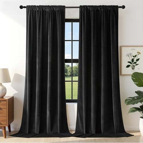 Joydeco Tende per Interni Velluto Oscuranti L 132 x A 225 Termiche Tenda con Tasca Termica per Interni 2 Pezzi Oscurante Anelli per Interni Nero