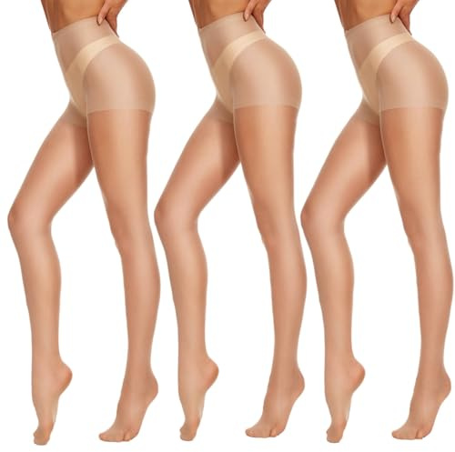 CozyWow Pack de 3 medias de seda para mujer, medias de control, top 20D, transparentes, cintura alta, control topcon dedos reforzados, 3 colores de piel, M