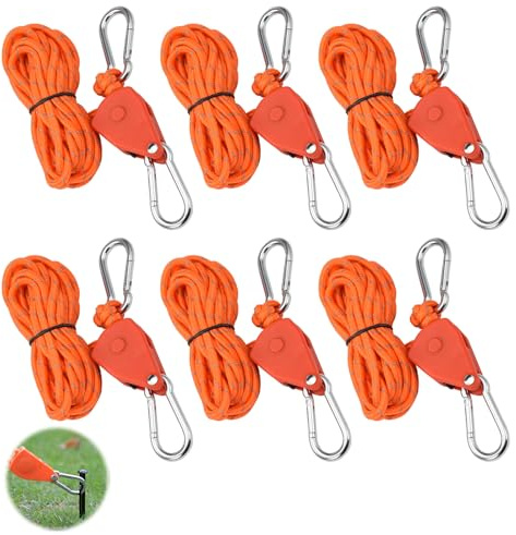 Holtrae 6 Stück Abspannseile Camping,4m Leuchtend Orangefarbenes Zugseil mit Haken,Abspannseile mit Seilspanner,Einstellbare Seilratsche,Spannseile für Campingzelte und Vorzelte
