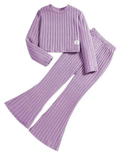 Conjunto de leggings para niña con cuello redondo de punto acanalado, camiseta de manga larga y pantalón Bell Bottom, conjunto de primavera de 2 piezas, morado, 10 años