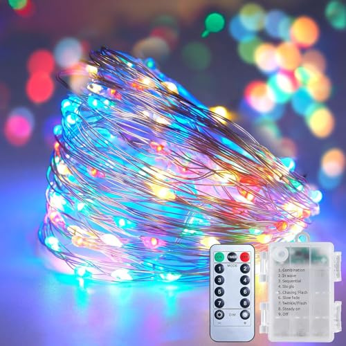 SIXIUDIA Stringa Luci LED a Batteria, 10M 100LED Lampada a Fili di Rame Multicolore, Fairy Lights, 8 modalità,impermeabili, per esterni/interni, con timer remoto per camera da letto, feste, Natale