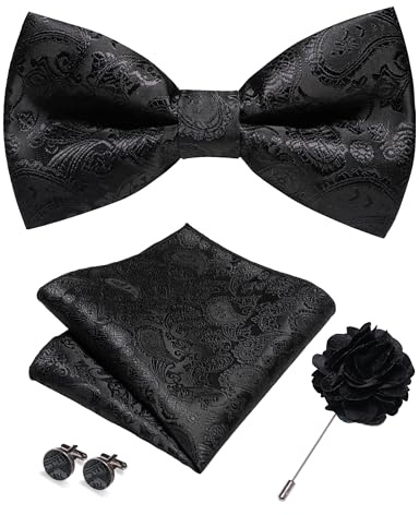 RBOCOTT Paisley Pre-tied Bow Tie and Pocket square with Cufflinks Lapel Pin Sets for Men 4PCS