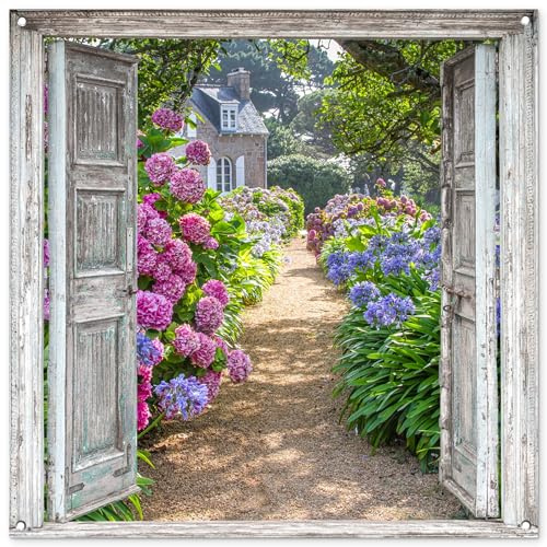 MuchoWow© Decoración Pared Exterior 100x100 cm Poster Decorativos Jardín Decoracion Terraza Balcon Wall Decoration Patio Posters Póster De Jardin Mirada - Hortensia - Flores