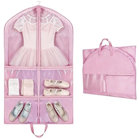 Pink Dance Costume Bag 60x100cm, Foldable Dress Bag with Zipper Pockets, Costume Garment Bags for Dancers, Travel Suit Cover for Dancers & Competitions