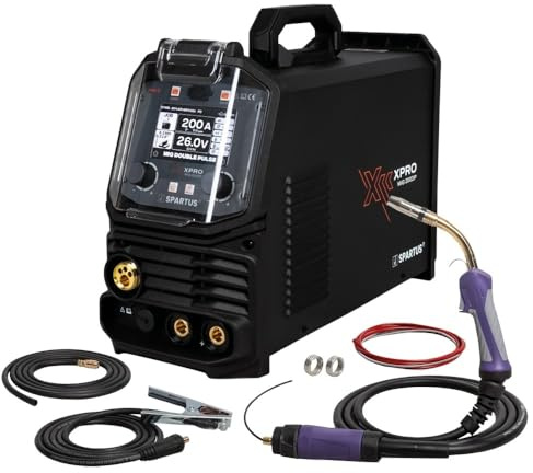 SPARTUS XPro MIG 200 Dual Pulse MIG MAG - Saldatrice a gas protettivo, Synergic, inverter 4 in 1, trazione a 4 rulli, multiprocesso per alluminio e acciaio inox, filo di riempimento FLUX, TIG Lift