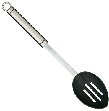 KitchenCraft Oval Handled Stainless Steel Slotted Spoon, Heat Resistant Cooking Kitchen Utensil, Serving Spoon for Non-Stick Cookware, Ideal for Draining Liquid and Grease, Dishwasher Safe, 32cm