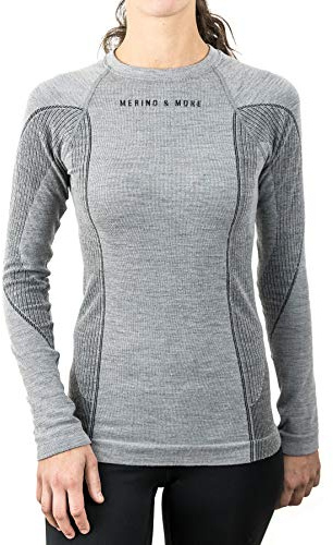 Merino & More - Biancheria intima da sci in lana merino, da donna, a maniche lunghe, grigio chiaro, M