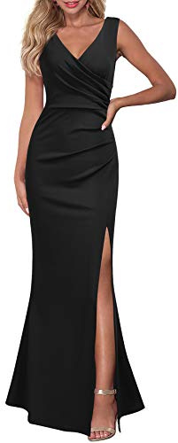 WOOSEA Women Sleeveless V Neck Split Evening Cocktail Long Dress Black