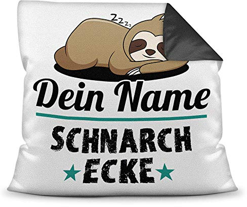 PR Print Royal Kissen inkl. Füllung Faultier PERSONALISIERT mit Wunschname für - Ihr Name Schnarchecke - Kuschelkissen/Lustige Geschenkidee/Freunde/Familie/Geburtstag - Farbkissen Rückseite Schwarz
