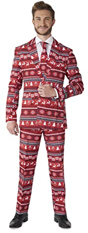 Suitmeister Weihnachtsanzug für Herren - Hässliches Feiertagsfestliches Nordisches Pixel-Outfit - Rot - Beinhaltet Blazer, Hose, Krawatte