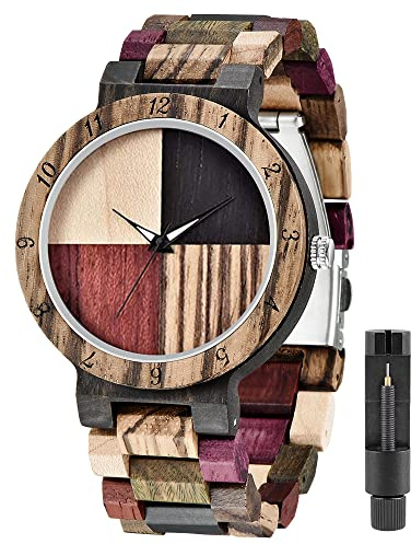 Tiong Men Watches with Handmade Colorful Bamboo Wood Watch Analog Quartz Wooden Watch for Men (Q1004)